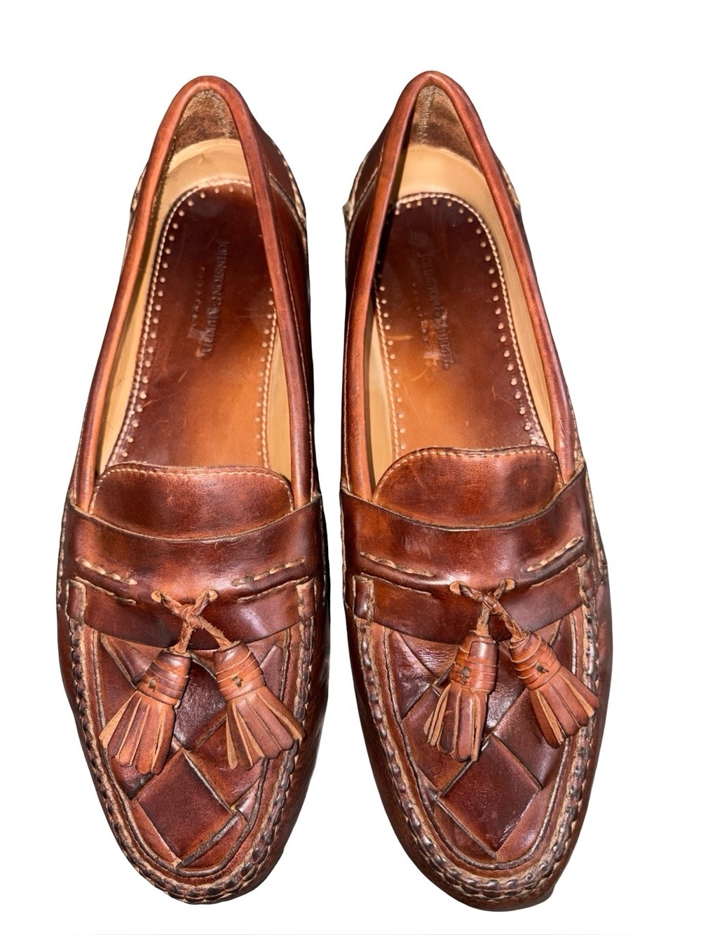 Johnston & Murphy Brown Leather Tassel Loafers Men’s Size 12M Woven Detail - Picture 2 of 10